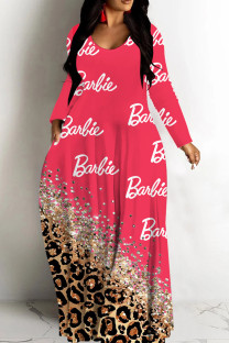 Red Casual Print Basic V Neck Long Dresses