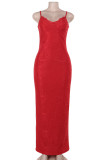Red Sexy Solid Color Lace Patchwork Spaghetti Strap Sling Dresses