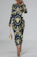 Tibetan Blue Casual Street Figure Print Chain print Contrast O Neck Printed Dresses