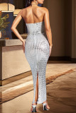 White Celebrities Backless Slit Hot Drill Patchwork Strapless Long Dresses