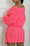 Rose Red Casual Solid Color Patchwork Backless Off Shoulder Long Sleeve Two Pieces