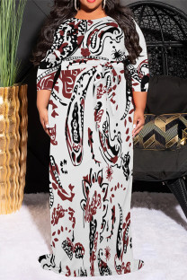 White Casual Floral Print Lace Up Contrast O Neck Printed Plus Size Dresses