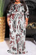White Casual Floral Print Lace Up Contrast O Neck Printed Plus Size Dresses