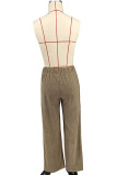 Ink Green Casual Solid Color Draw String Pocket Patchwork Loose Mid Waist Wide Leg Patchwork Bottoms