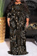 Black Coffee Casual Floral Print Lace Up Contrast O Neck Printed Plus Size Dresses