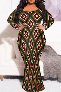 Red Green Casual Print Patchwork O Neck Long Plus Size Dresses
