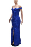 Blue Elegant Solid Color Sequins Patchwork Backless High Slit Off Shoulder Long Dresses