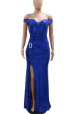 Blue Elegant Solid Color Sequins Patchwork Backless High Slit Off Shoulder Long Dresses