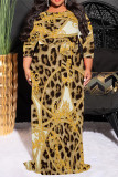 Leopard Print Casual Floral Print Lace Up Contrast O Neck Printed Plus Size Dresses
