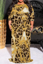 Leopard Print Casual Floral Print Lace Up Contrast O Neck Printed Plus Size Dresses