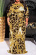 Leopard Print Casual Floral Print Lace Up Contrast O Neck Printed Plus Size Dresses