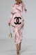 Pink Casual Street Letter Print Flowers Contrast O Neck Printed Dresses