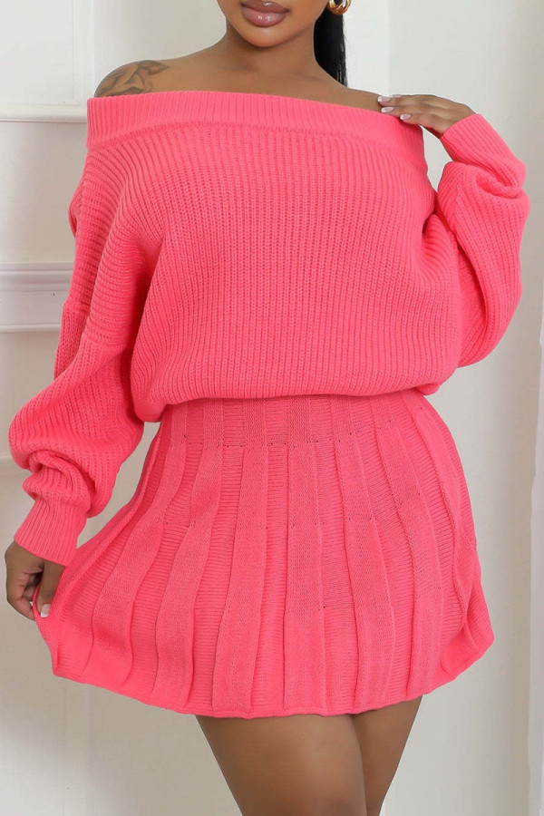 Rose Red Casual Solid Color Patchwork Backless Off Shoulder Long Sleeve Two Pieces
