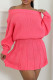 Rose Red Casual Solid Color Patchwork Backless Off Shoulder Long Sleeve Two Pieces