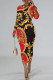 Red-brown Casual Street Figure Print Chain print Contrast O Neck Printed Dresses