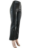 Black Casual Solid Color Patchwork Zipper Boot Cut Mid Waist Speaker Patchwork Bottoms