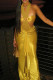 Yellow Sexy Solid Color Hollow Out Patchwork Slit Halter Two Pieces