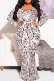 Red Green Casual Print Patchwork O Neck Long Plus Size Dresses