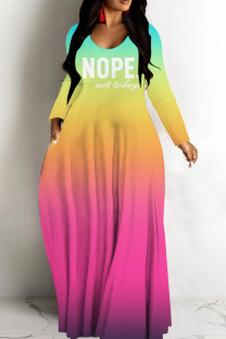 Green Purple Casual Gradient Print Basic V Neck Long Dresses