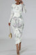 White Casual Street Letter Print Flowers Contrast O Neck Printed Dresses