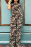 Grey Casual Camouflage Print Pocket Patchwork O Neck Short Sleeve Two Pieces