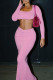 Pink Sexy Solid Color Patchwork Square Neck Long Sleeve Two Pieces