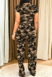 Grey Casual Camouflage Print Pocket Patchwork O Neck Short Sleeve Two Pieces
