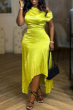 Fluorescent Green Elegant Solid Color Patchwork Oblique Collar Irregular Dresses