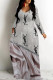 Gray Pink Casual Letter Print Flowers Pocket Contrast V Neck Printed Dresses