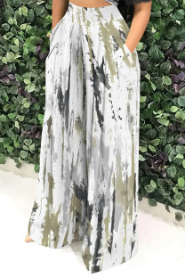 White Green Casual Street Geometric Print Pocket Contrast Loose High Waist Wide Leg Full Print Bottoms