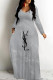 Dark Gray Casual Letter Print Flowers Pocket Contrast V Neck Printed Dresses