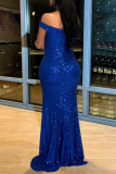 Blue Elegant Solid Color Sequins Patchwork Backless High Slit Off Shoulder Long Dresses