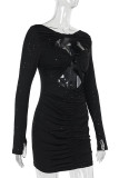 Purple Sexy Solid Color Hollow Out Sequins Patchwork O Neck Wrapped Skirt Dresses