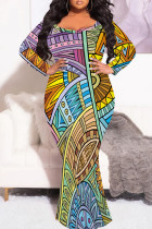 Colour Casual Print Patchwork O Neck Long Plus Size Dresses