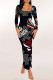 Black Casual Street Letter Print Contrast Square Neck One Step Skirt Dresses