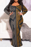 Red Green Casual Print Patchwork O Neck Long Plus Size Dresses