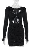 Purple Sexy Solid Color Hollow Out Sequins Patchwork O Neck Wrapped Skirt Dresses