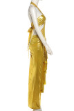 Yellow Sexy Solid Color Hollow Out Patchwork Slit Halter Two Pieces