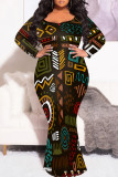 Red Green Casual Print Patchwork O Neck Long Plus Size Dresses