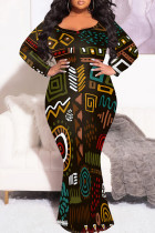 Multicolor Casual Print Patchwork O Neck Long Plus Size Dresses