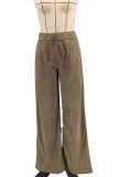Ink Green Casual Solid Color Draw String Pocket Patchwork Loose Mid Waist Wide Leg Patchwork Bottoms