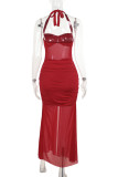 Red Sexy Solid Color Patchwork High Slit Ruched Halter Dresses