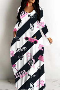 Stripe Casual Print Basic V Neck Long Dresses