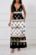Black And White Sexy Letter Print Pocket Contrast V Neck Sling Dresses