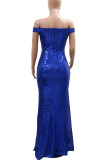 Blue Elegant Solid Color Sequins Patchwork Backless High Slit Off Shoulder Long Dresses