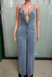 Light Blue Casual Solid Color Pocket Buckle Patchwork Backless Spaghetti Strap Loose Denim Jumpsuits