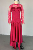 Rose Red Elegant Solid Color Lace Patchwork O Neck Irregular Dresses