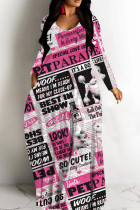 Rose Red Casual Print Basic V Neck Long Dresses