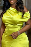 Fluorescent Green Elegant Solid Color Patchwork Oblique Collar Irregular Dresses