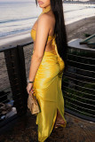 Yellow Sexy Solid Color Hollow Out Patchwork Slit Halter Two Pieces